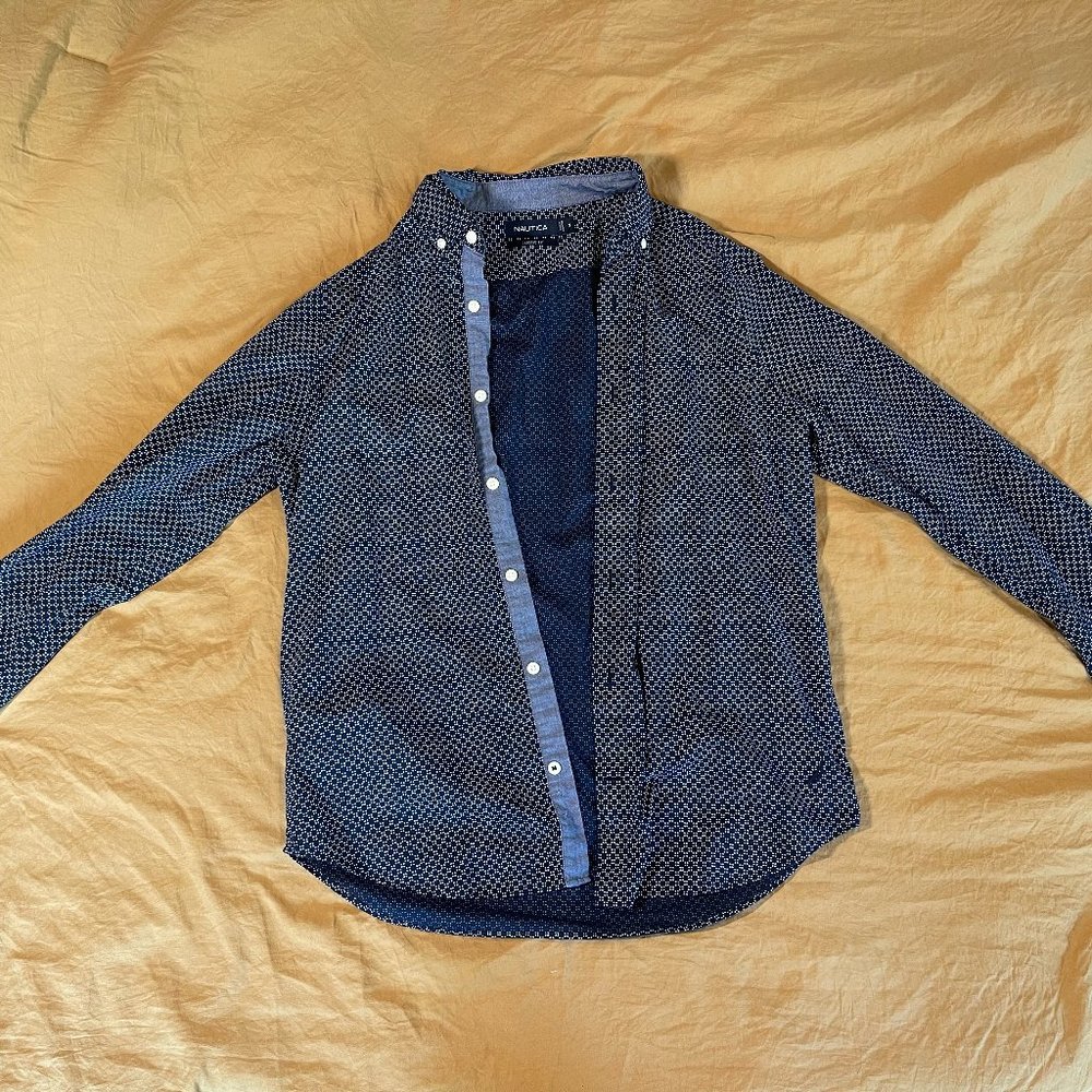 Nautica Dress Shirt White/ Navy Blue | Adult Small